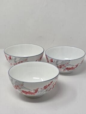 SF Marked glazed Porcelain Bowls with Red Floral&Fish Motif Japanese Set of 3